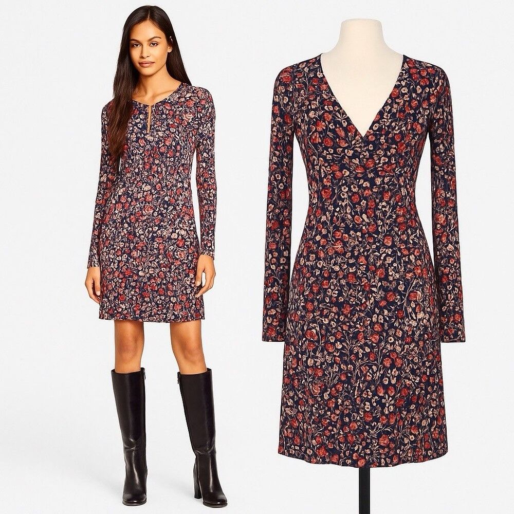 Tory Burch Floral Folk Print Long Sleeve Dress V-Neck Keyhole Stretch Knit L